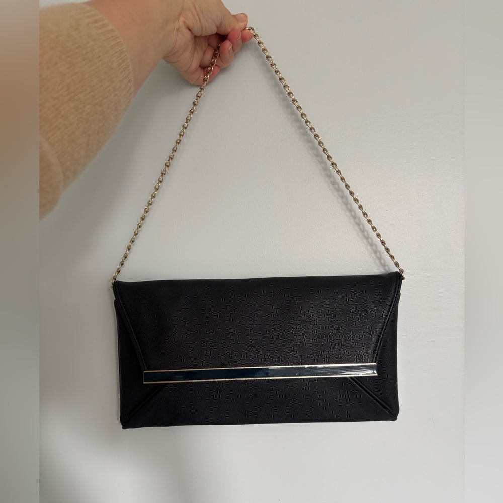 Danier Black Leather Envelope Clutch with Gold Chain for wedding party banquet